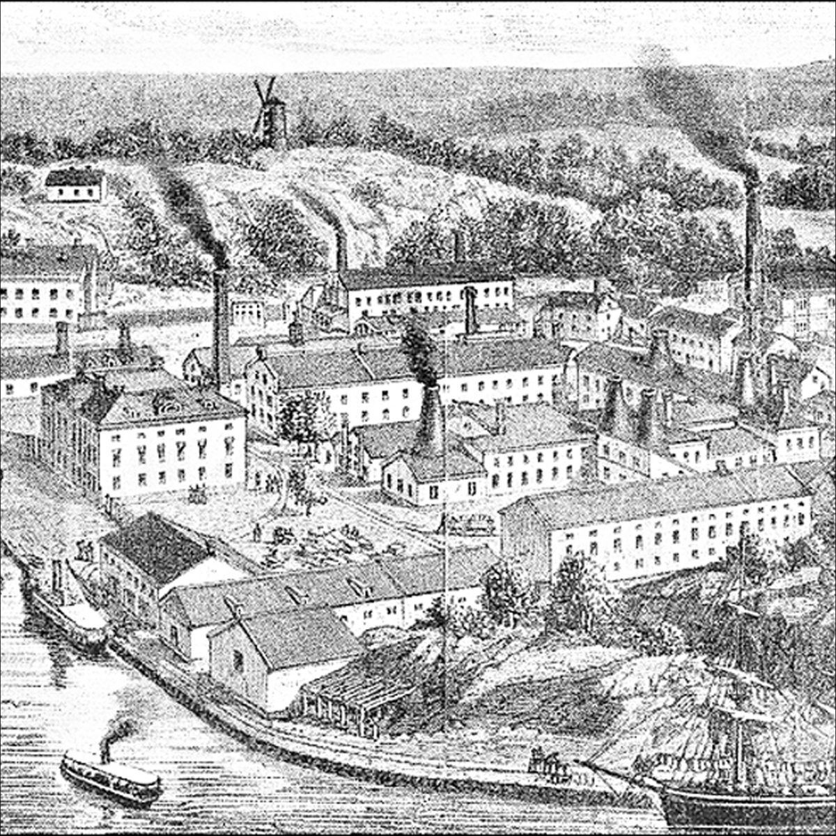 Drawing of Gustavsberg porcelain factory in the 1870s