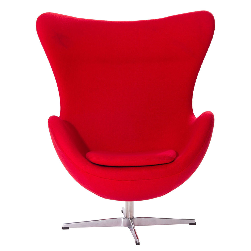 Egg chair, new production, upholstered with red fabric.