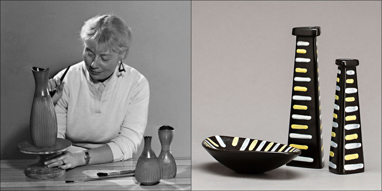 Left image, Hjordis adorning Palma vases in 1958. Right image, vases and bowl from the Trio series in 1958.