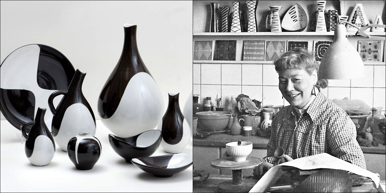 Left image, Pingvin objects from 1954. Right image, Hjordis in her kitchen.